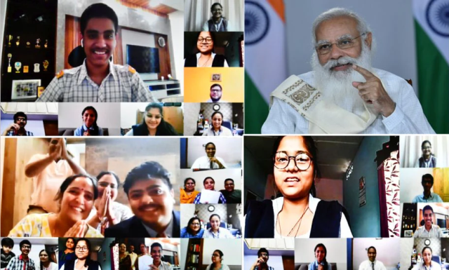 The Prime Minister, Shri Narendra Modi interacting with the class 12 students and their parents, through video conferencing, in New Delhi on June 03, 2021.