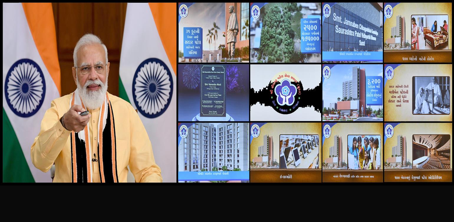 The Prime Minister, Shri Narendra Modi at the Bhoomi Poojan ceremony of Hostel Phase-1 built by Saurashtra Patel Seva Samaj in Surat, through video conferencing, in New Delhi