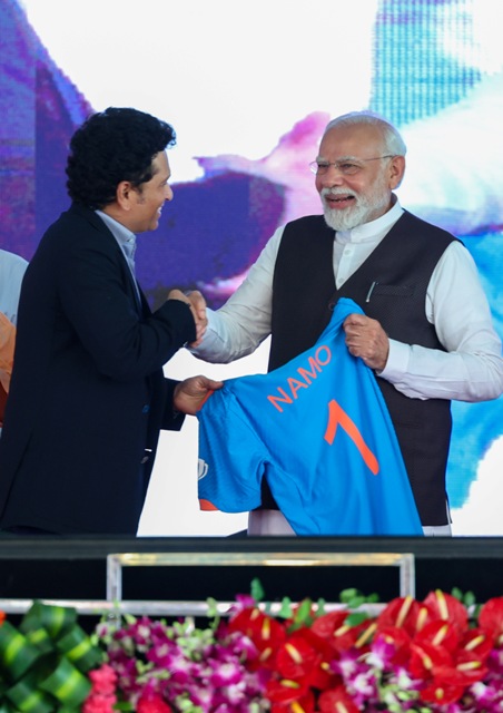 PM at laying the foundation stone of the International Cricket Stadium at Varanasi, in Uttar Pradesh on September 23, 2023.